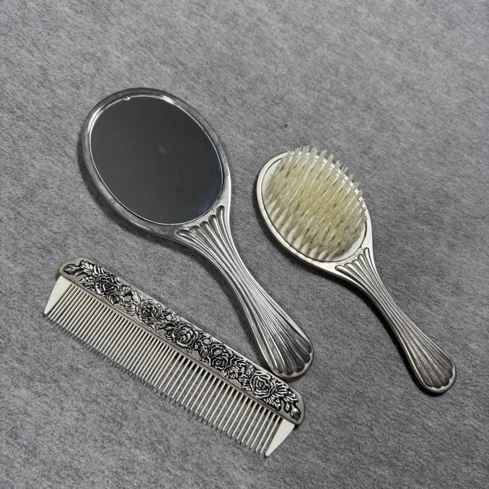 VTG 3 piece Dresser Vanity Set Silver Plated Mirror, Brush and Comb (heavy)
